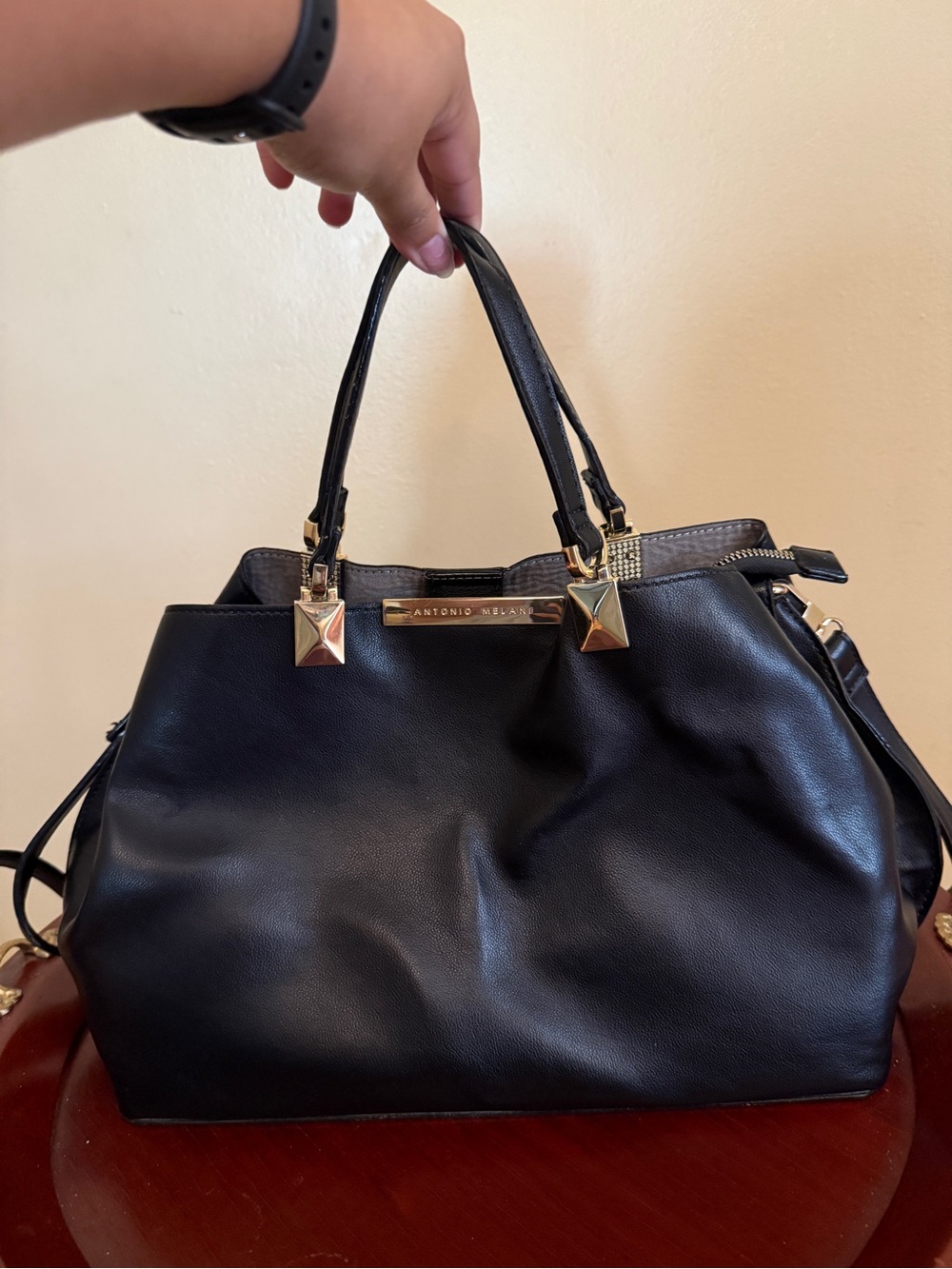 ANTONIO MELANI Black Leather Satchel with Gold Accents
